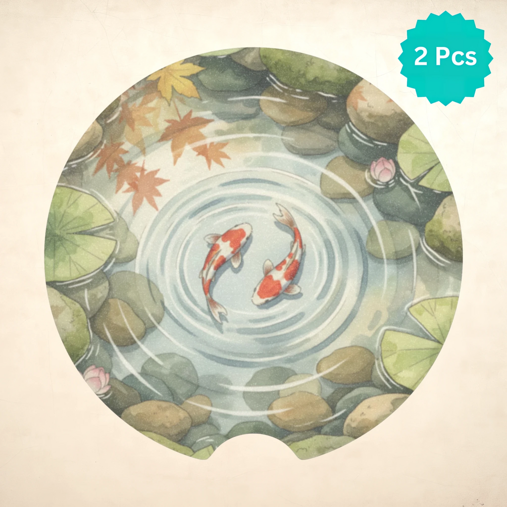 Koi Pond Illustration Soapstone Car Coasters Set - Road Muse