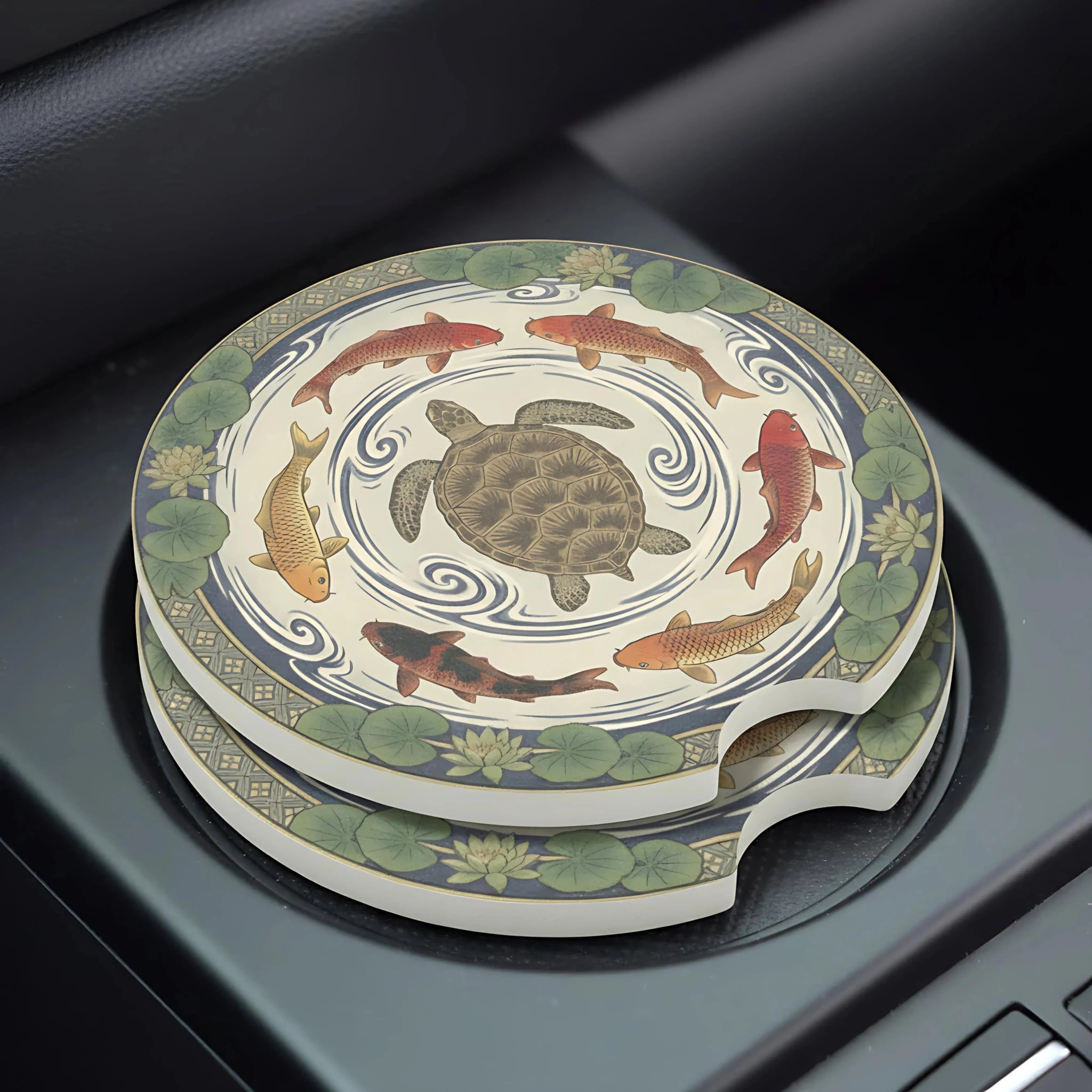 Koi Turtle Wave Car Coasters Set - Road Muse