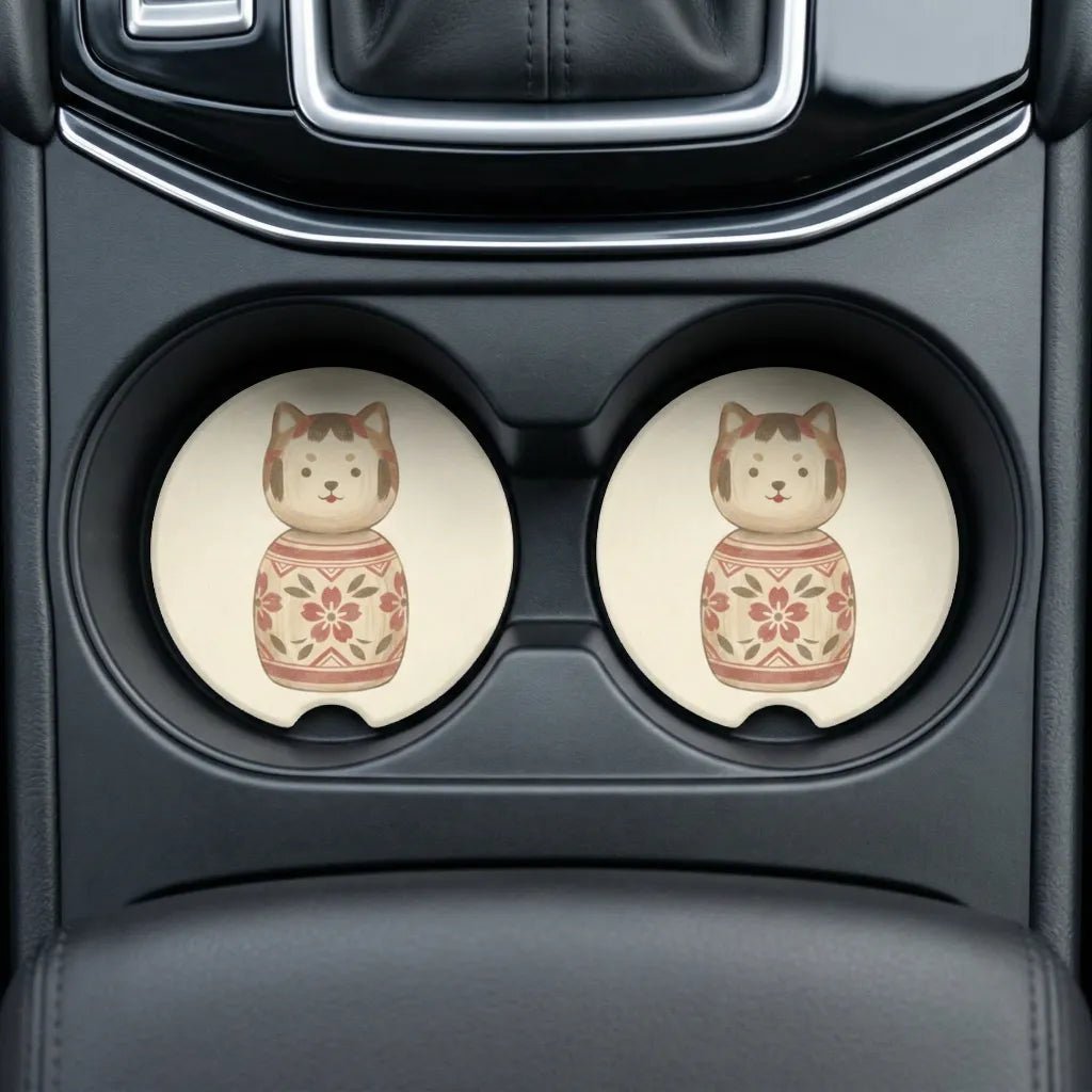 Kokeshi Cat Floral Car Coasters Set - Road Muse
