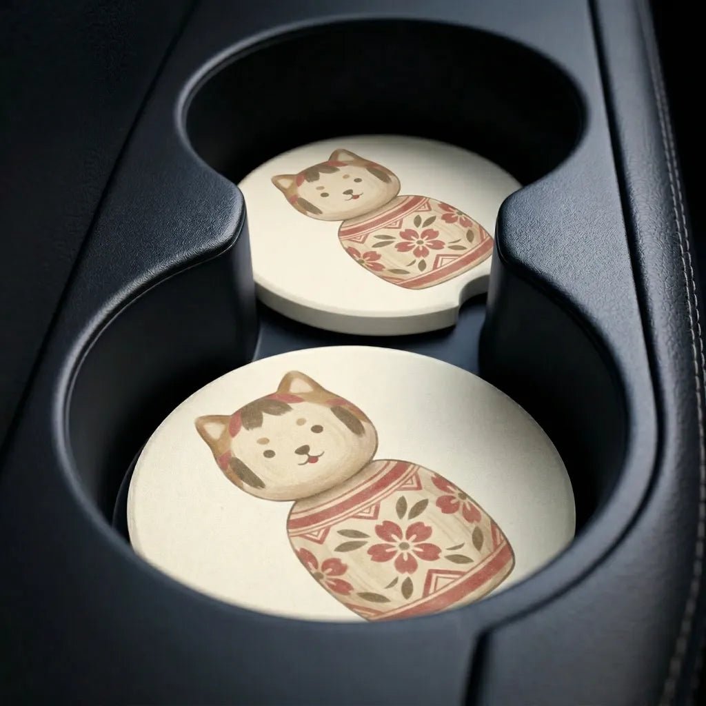 Kokeshi Cat Floral Car Coasters Set - Road Muse