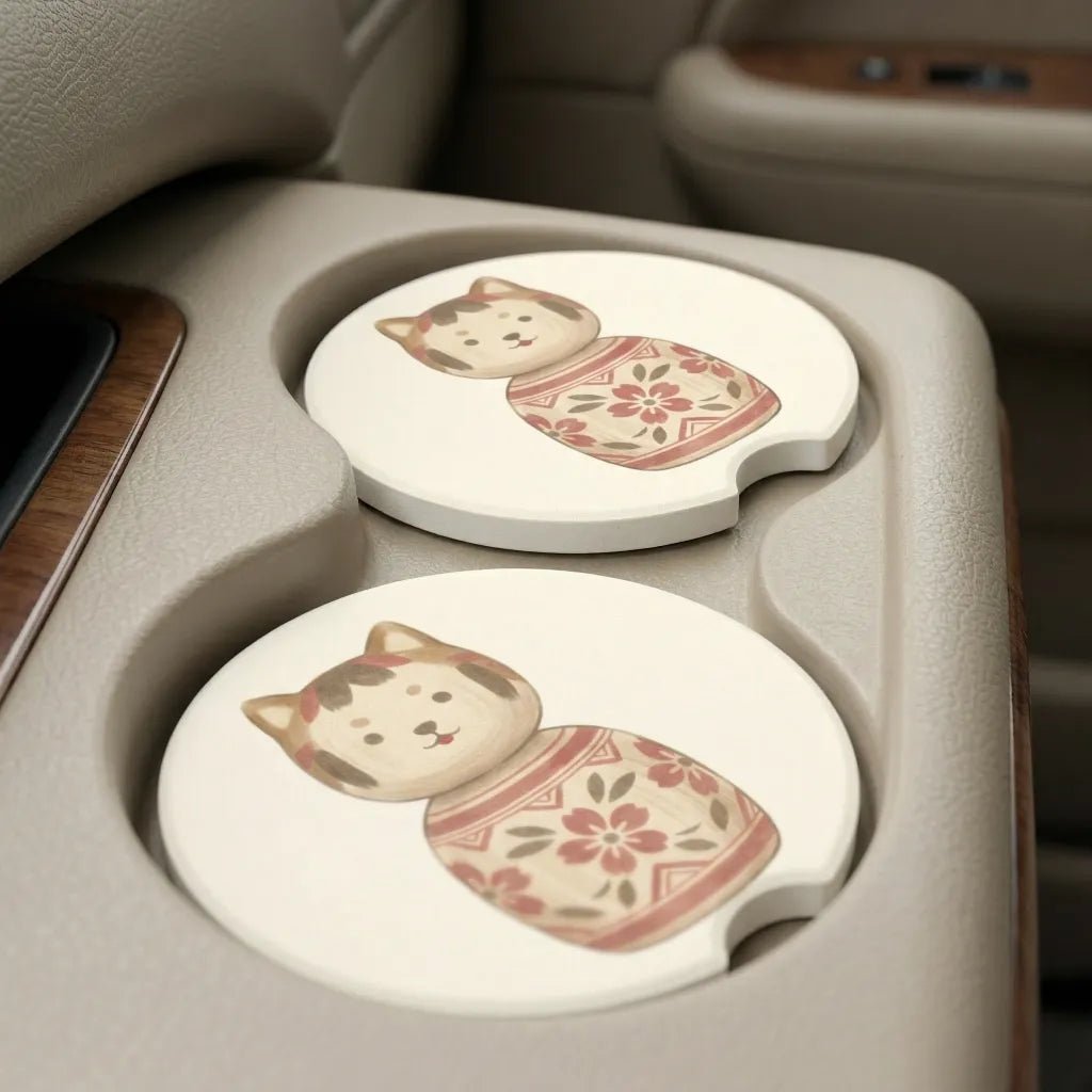 Kokeshi Cat Floral Car Coasters Set - Road Muse