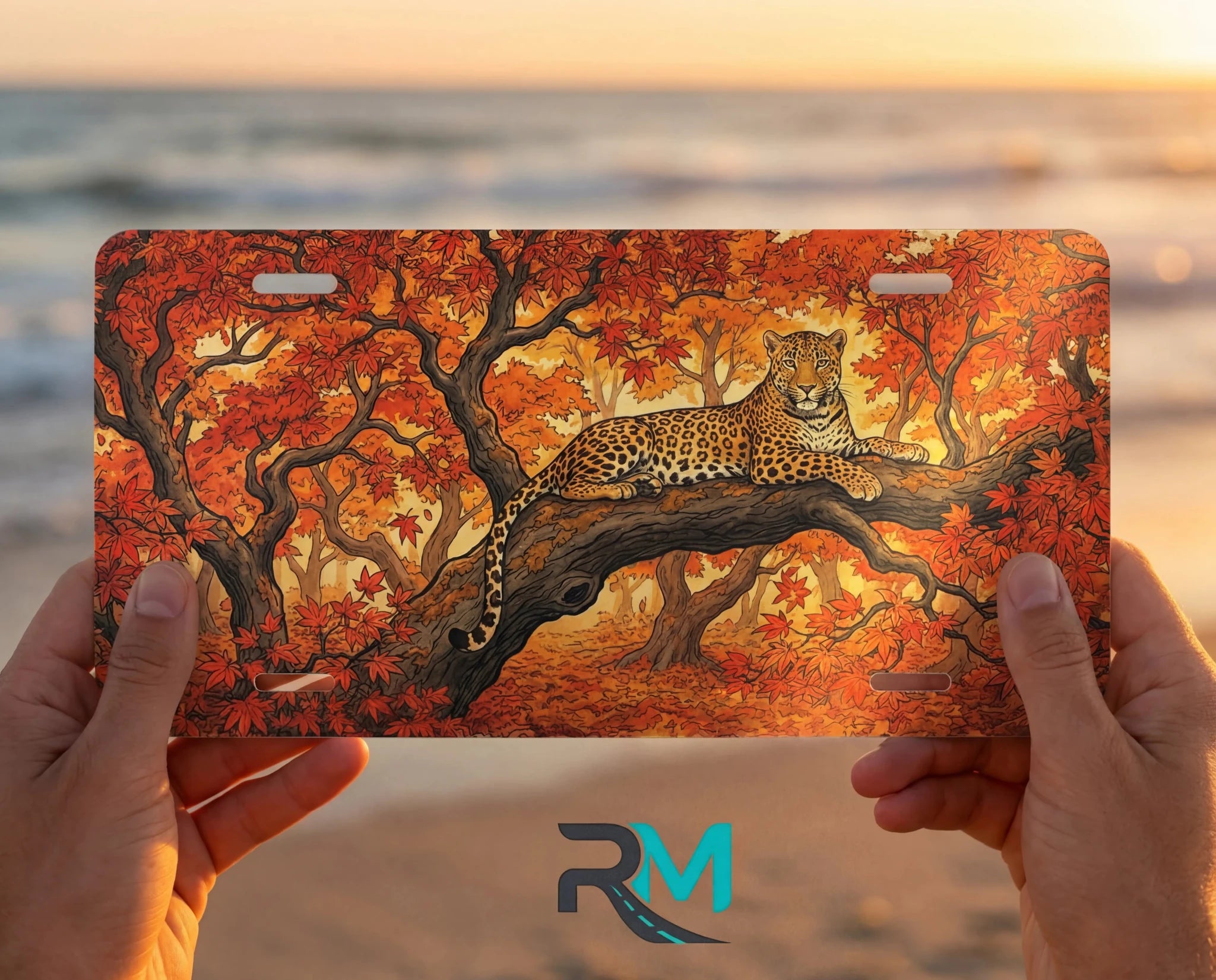 Leopard in Autumn Trees Vanity Plate - Road Muse