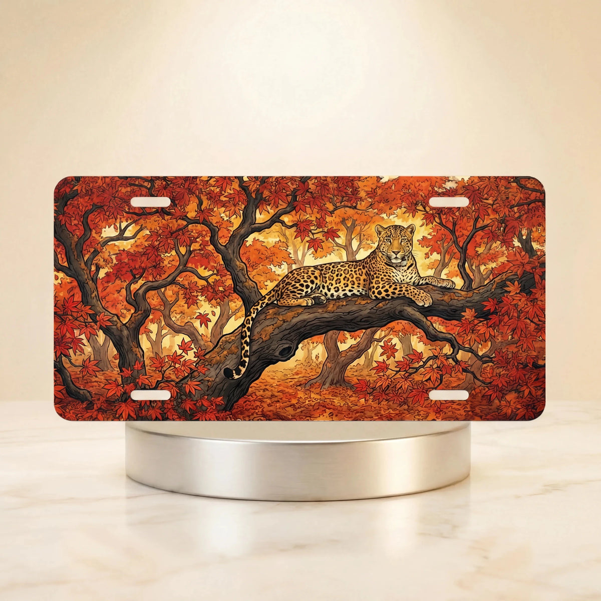 Leopard in Autumn Trees Vanity Plate - Road Muse