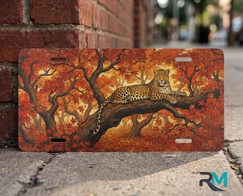 Leopard in Autumn Trees Vanity Plate - Road Muse