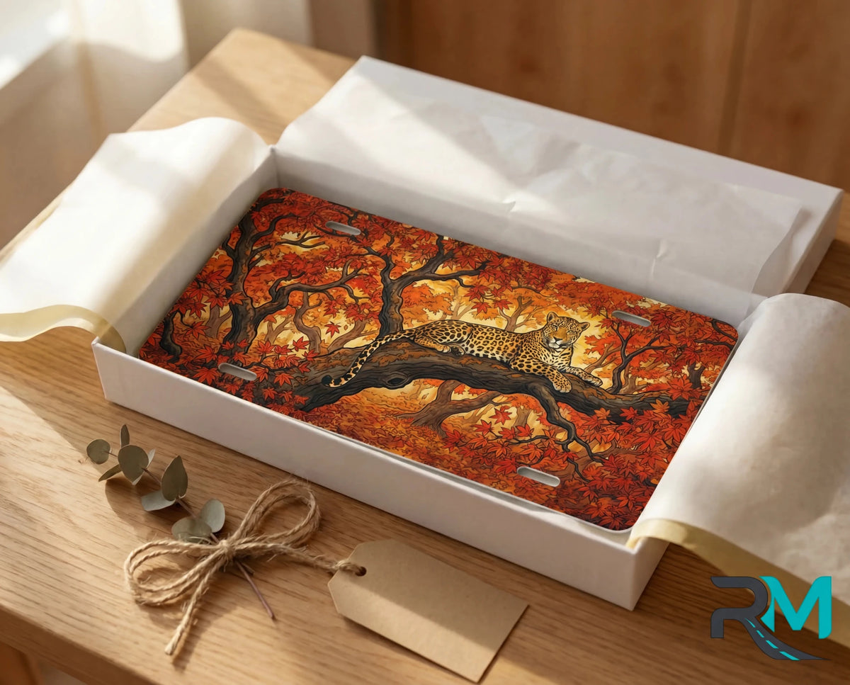 Leopard in Autumn Trees Vanity Plate - Road Muse