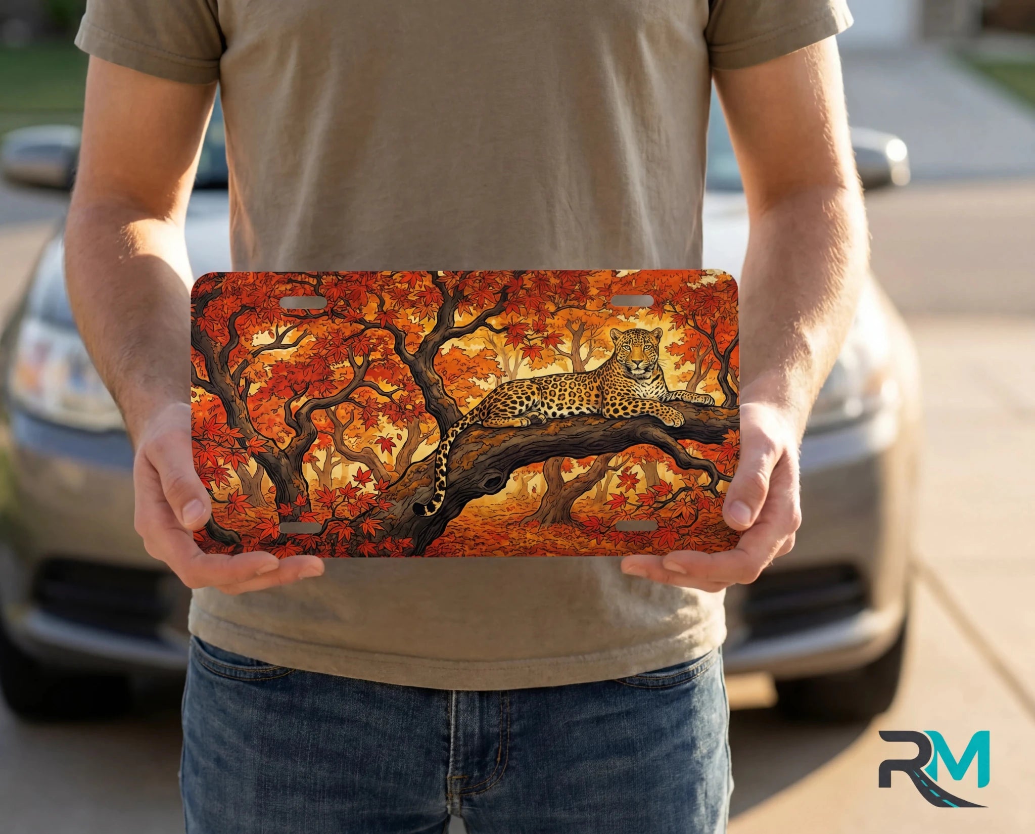 Leopard in Autumn Trees Vanity Plate - Road Muse
