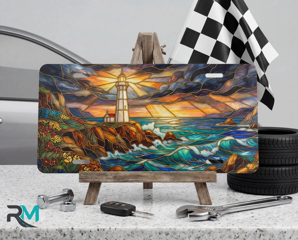 Lighthouse Stained Glass Seascape Vanity Plate - Road Muse
