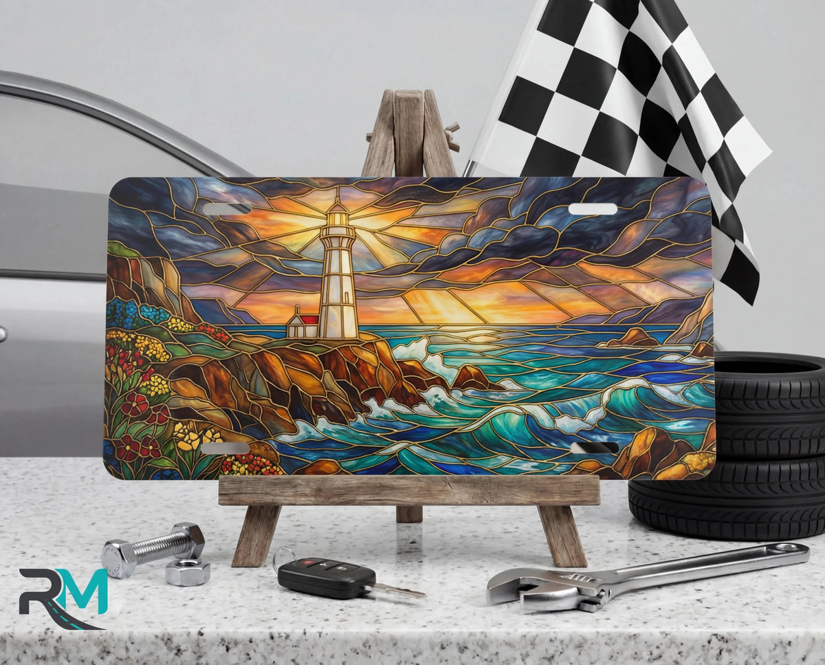 Lighthouse Stained Glass Seascape Vanity Plate - Road Muse