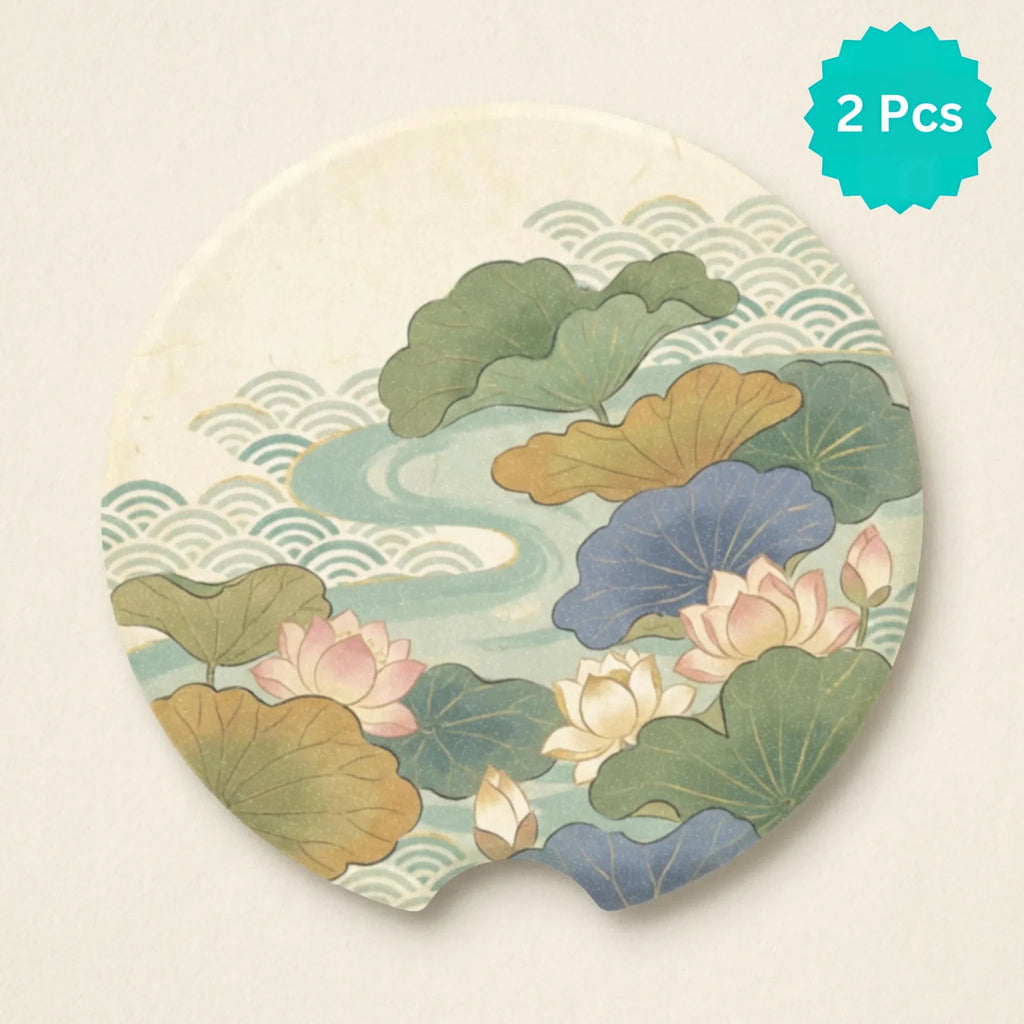 Lotus Pond Floral Car Coasters Set - Road Muse