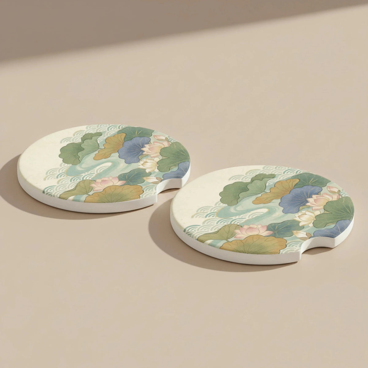 Lotus Pond Floral Car Coasters Set - Road Muse