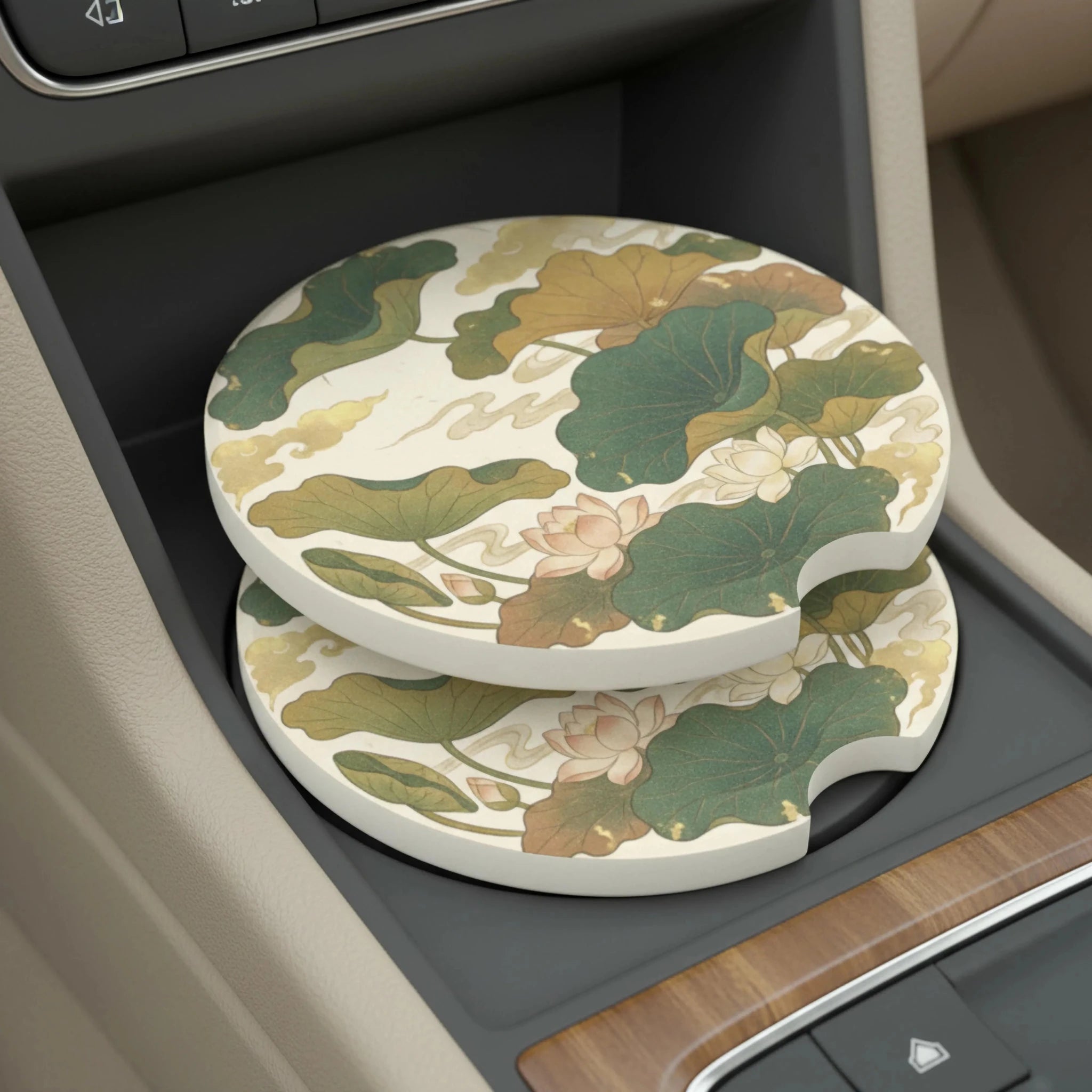 Lotus Pond Floral Car Coasters Set - Road Muse