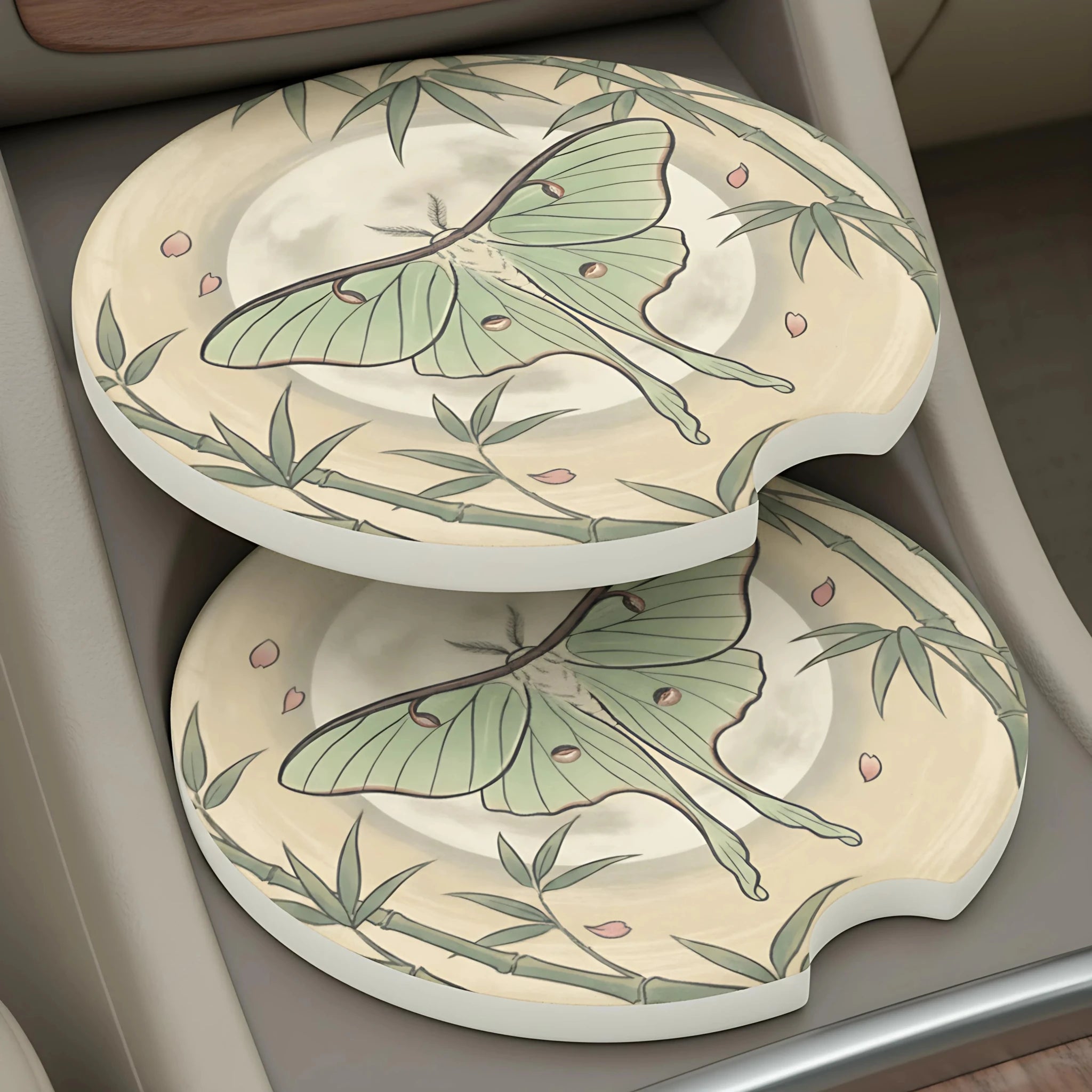 Luna Moth Botanical Car Coasters Set - Road Muse
