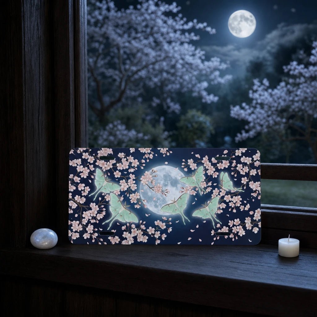 Luna Moths Cherry Blossoms Moonlit Vanity Plate - Road Muse