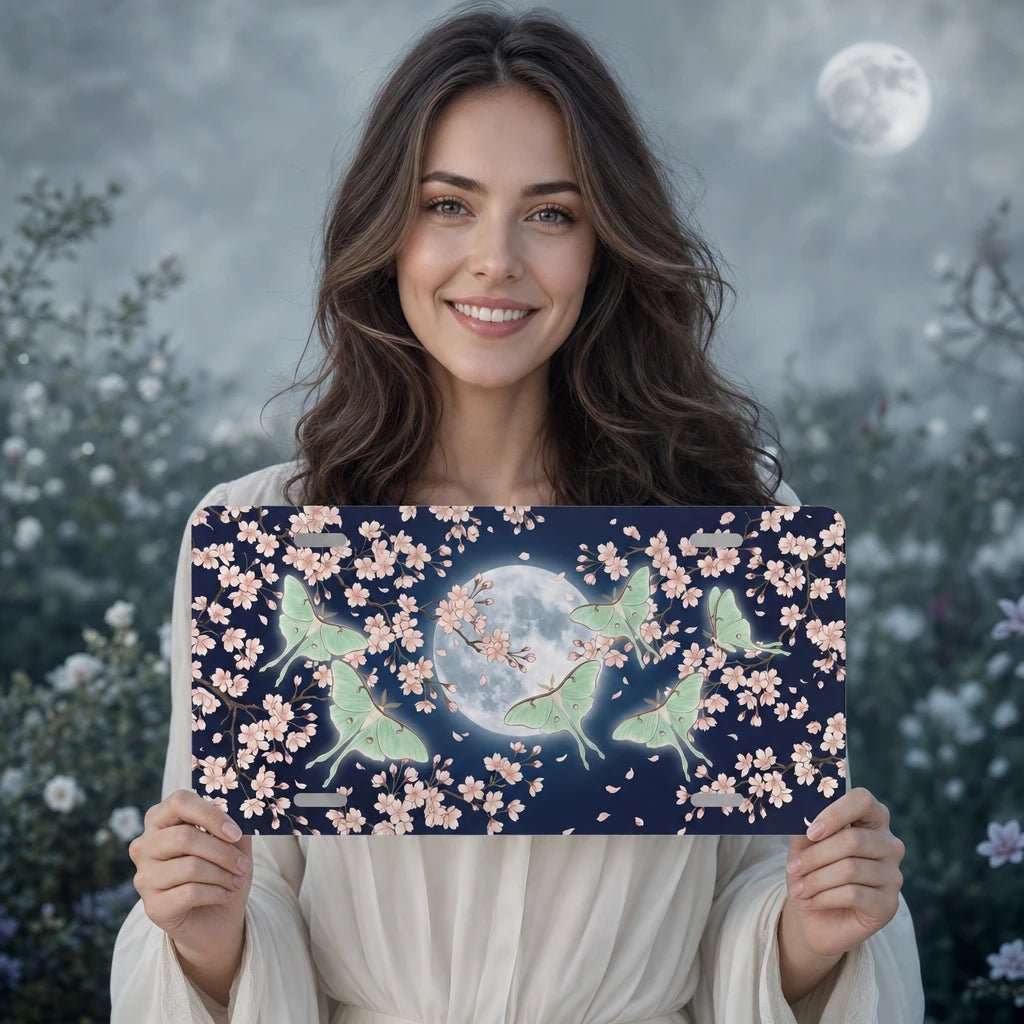Luna Moths Cherry Blossoms Moonlit Vanity Plate - Road Muse