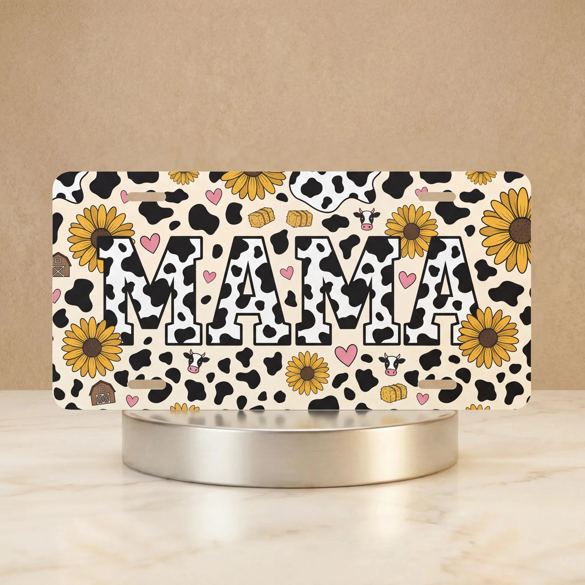Mama Cow Print Sunflowers Vanity Plate - Road Muse