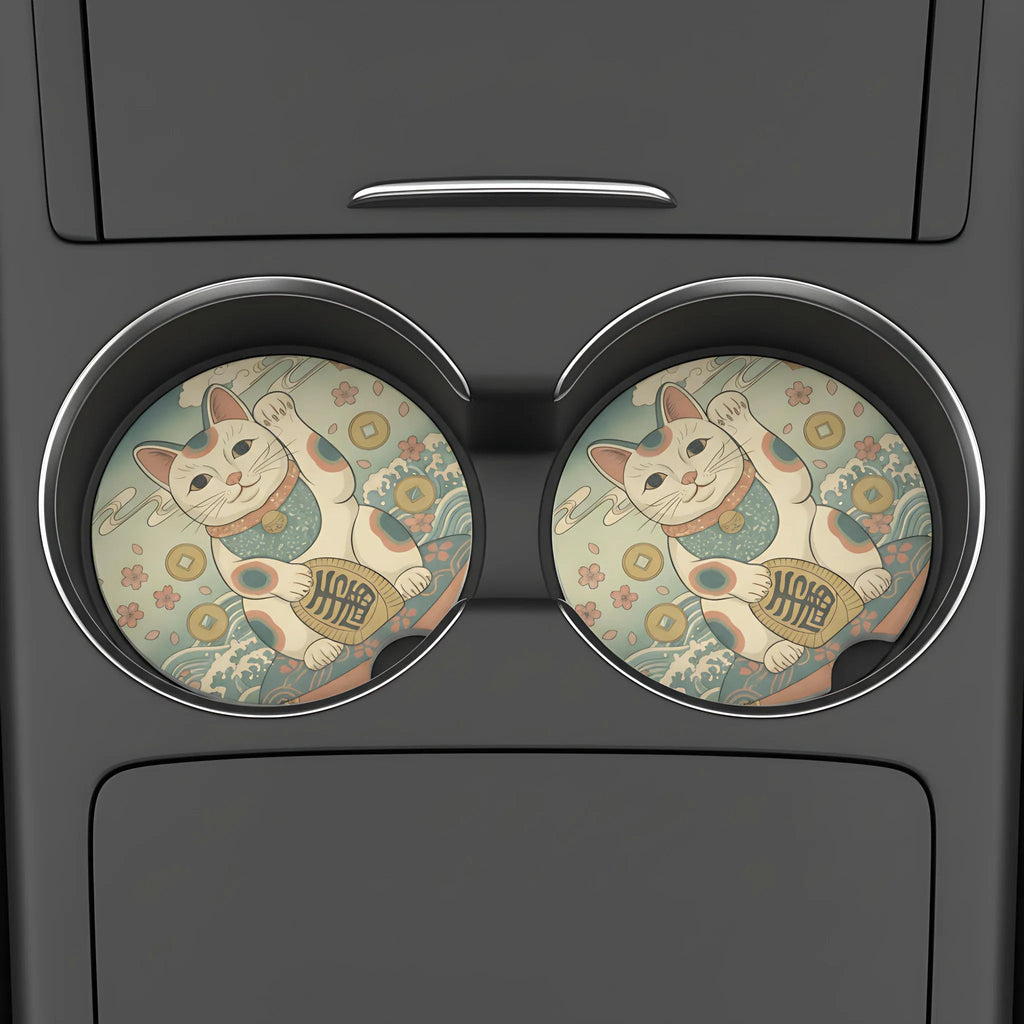 Maneki Neko Lucky Cat Car Coasters Set - Road Muse