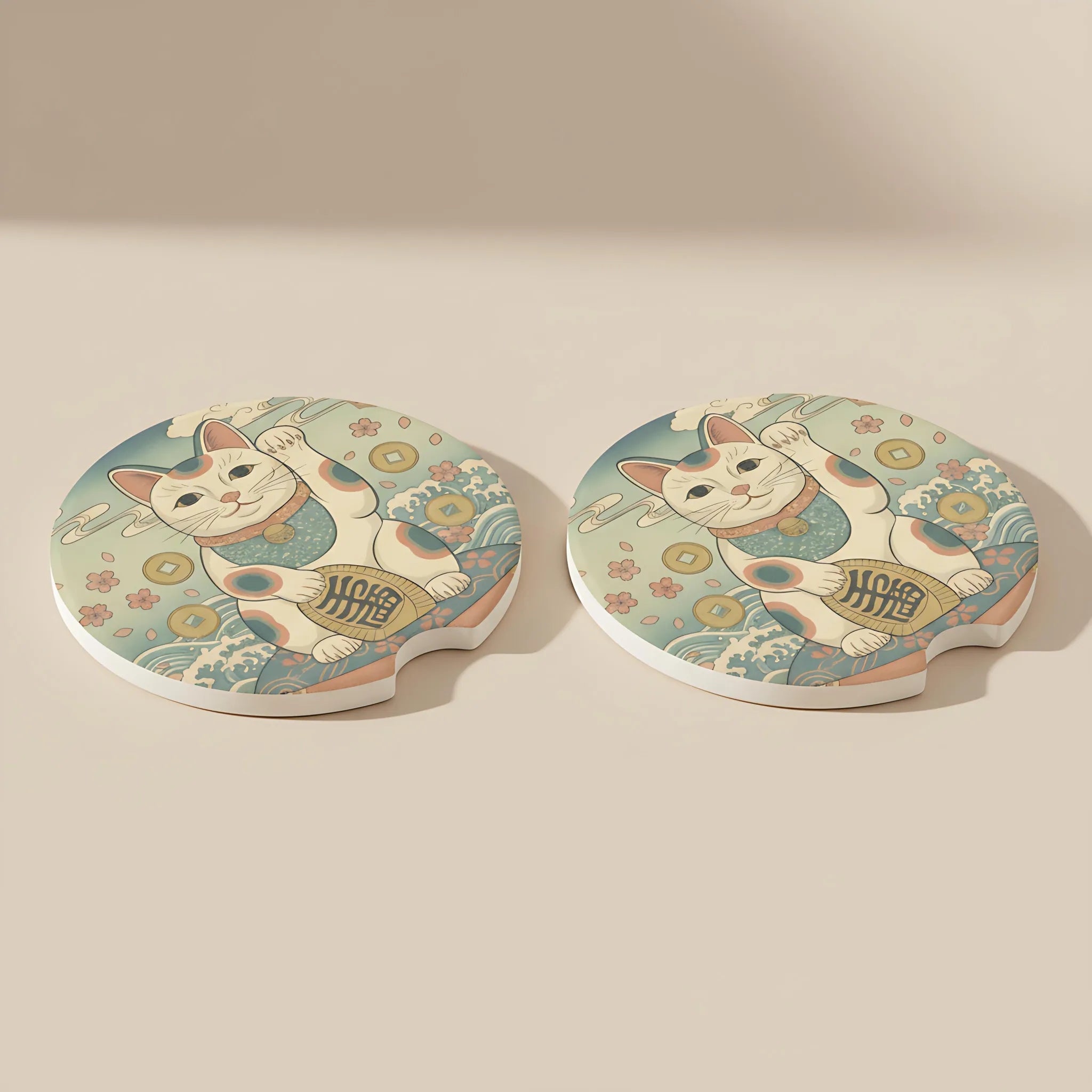 Maneki Neko Lucky Cat Car Coasters Set - Road Muse