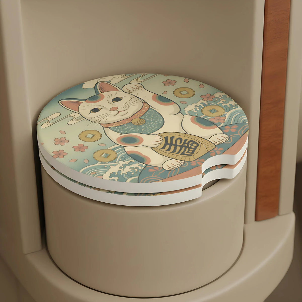 Maneki Neko Lucky Cat Car Coasters Set - Road Muse