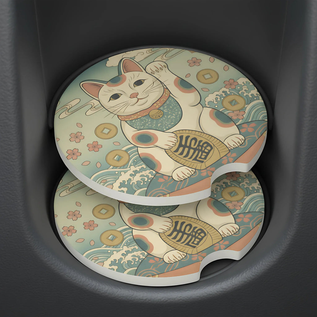 Maneki Neko Lucky Cat Car Coasters Set - Road Muse