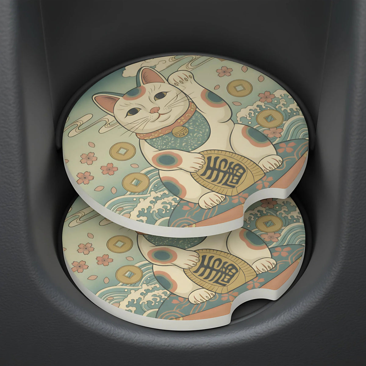 Maneki Neko Lucky Cat Car Coasters Set - Road Muse