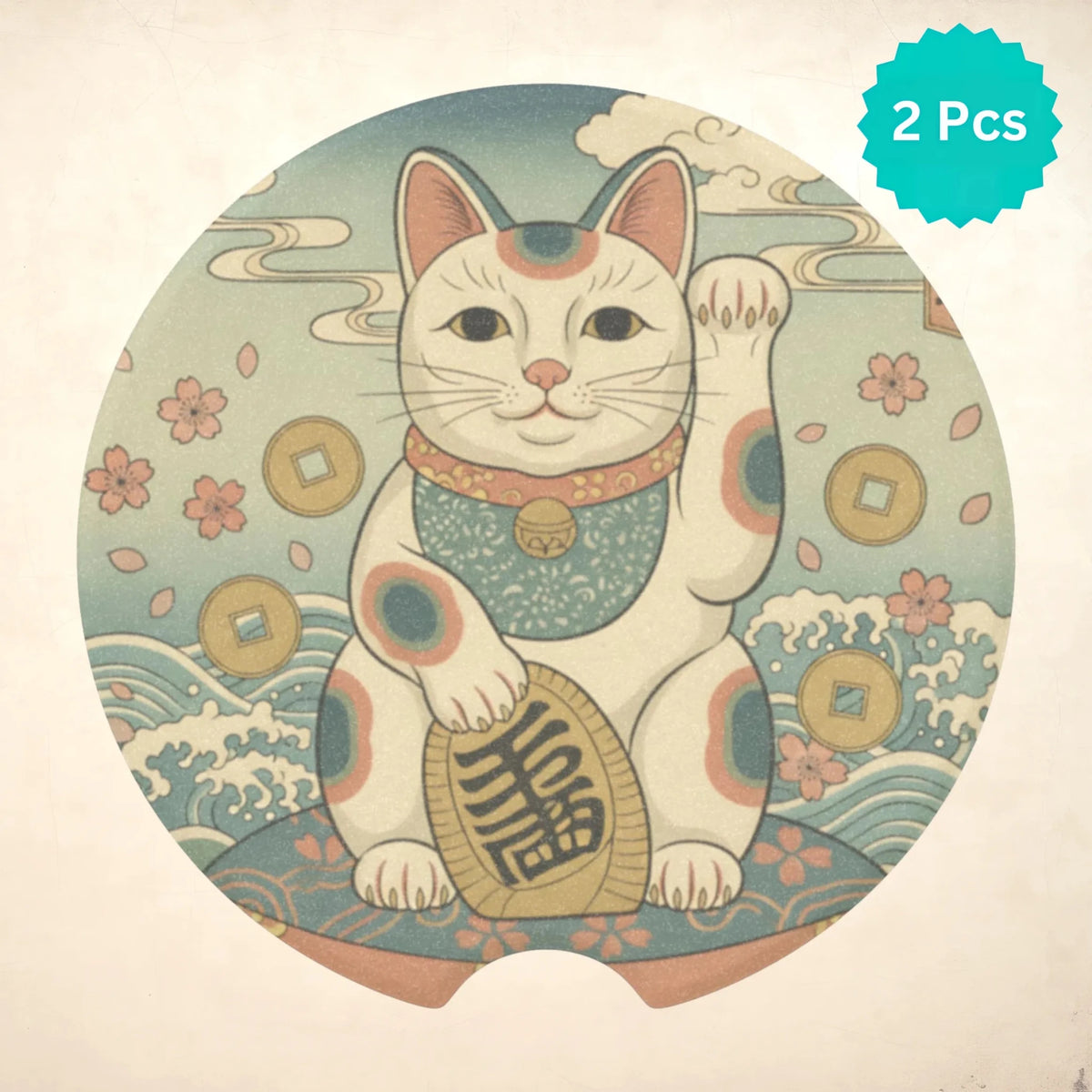 Maneki Neko Lucky Cat Car Coasters Set - Road Muse