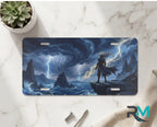 storm sorcerer vanity plate on marble surface — electric blue storm coastline lightning decorative plate
