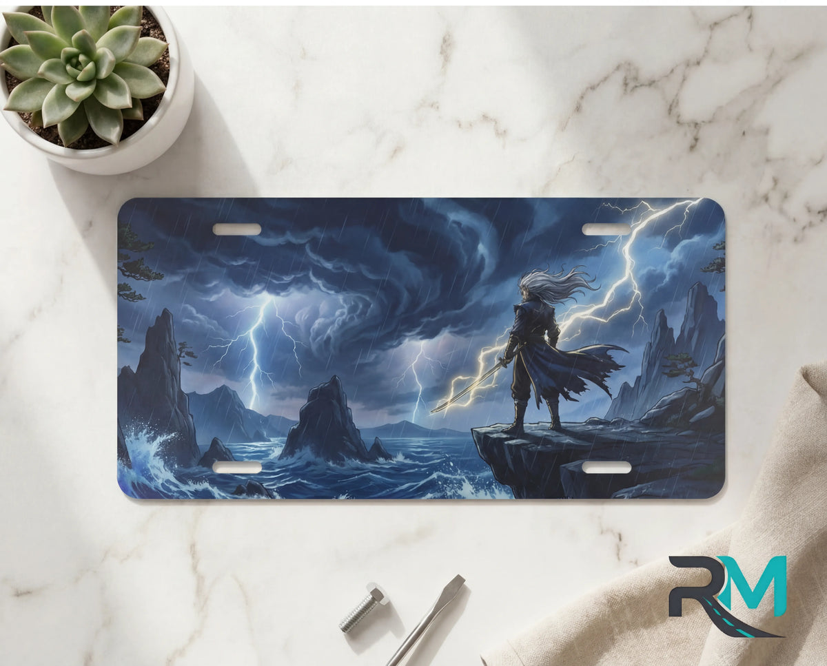 storm sorcerer vanity plate on marble surface — electric blue storm coastline lightning decorative plate