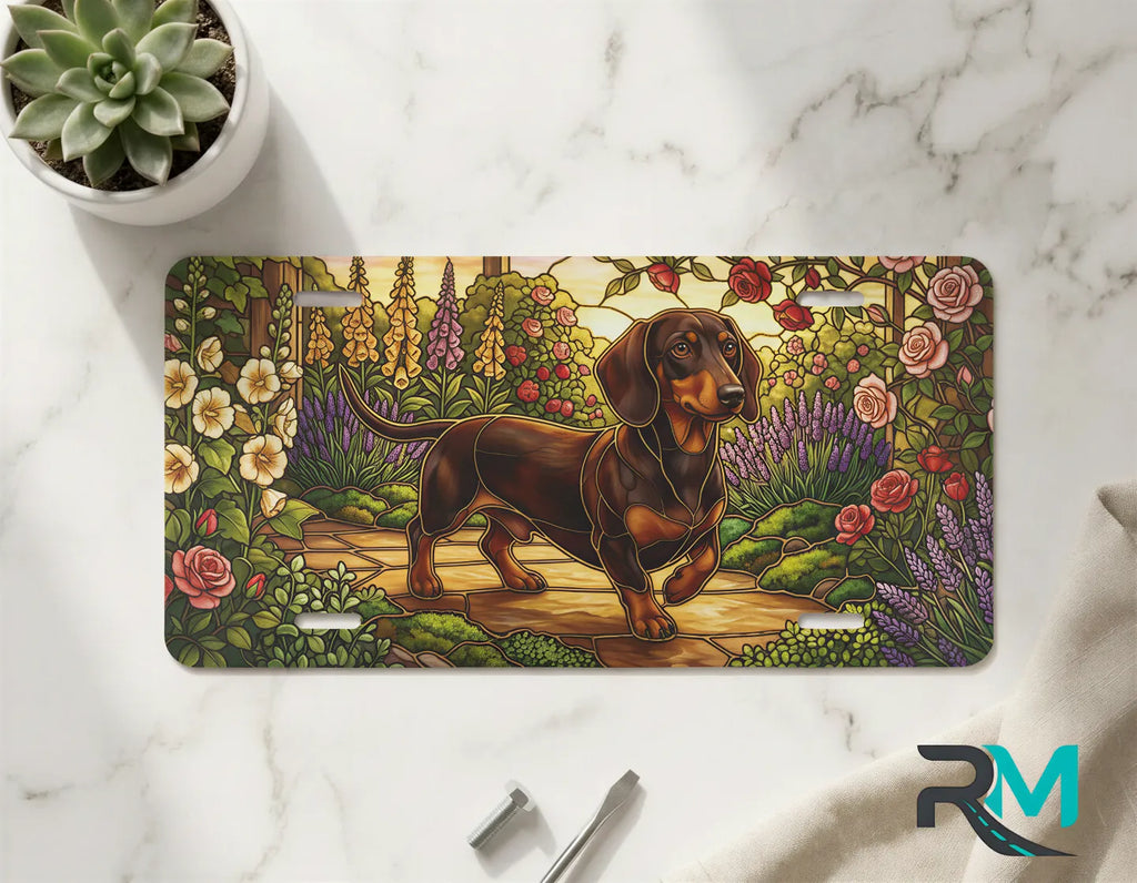 dachshund garden vanity plate on marble surface — jewel tone dachshund floral decorative plate
