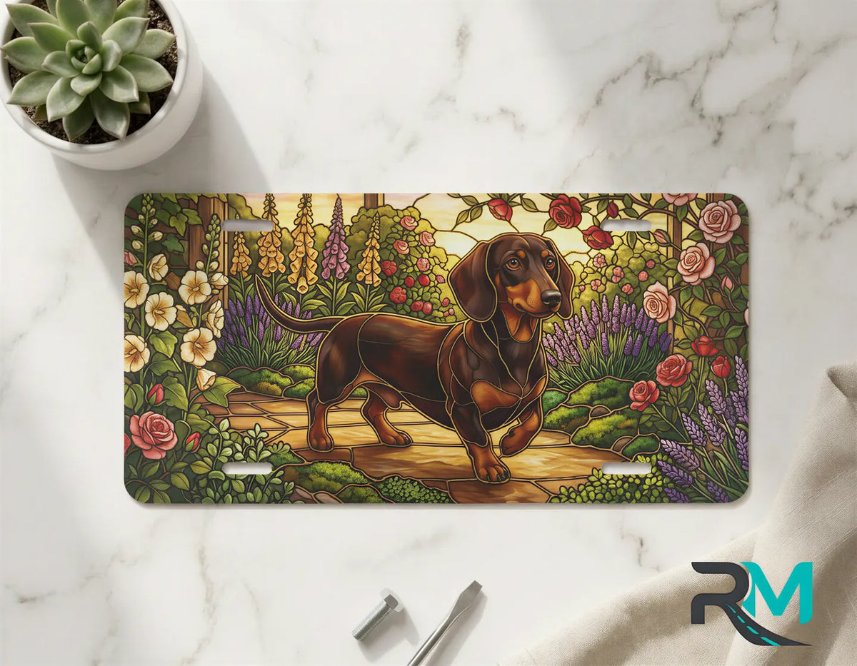dachshund garden vanity plate on marble surface — jewel tone dachshund floral decorative plate