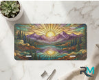 sunrise mountain lake vanity plate on marble surface — warm gold purple mountain mirror lake decorative plate