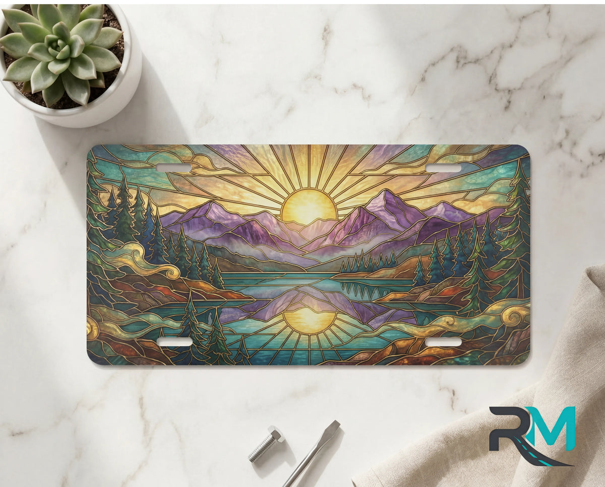 sunrise mountain lake vanity plate on marble surface — warm gold purple mountain mirror lake decorative plate