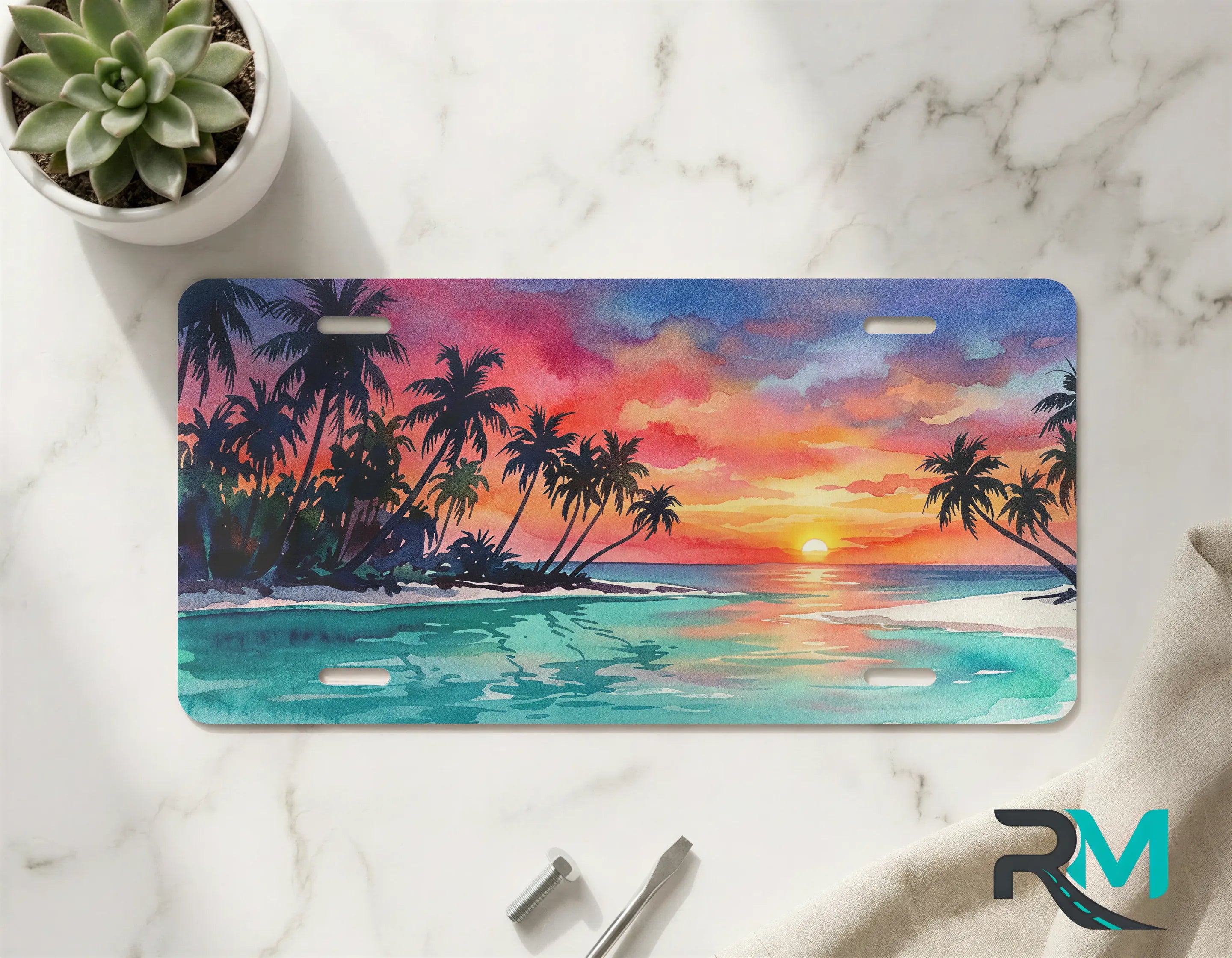 beach palm vanity plate on marble surface — watercolor tropical sunset decorative license plate