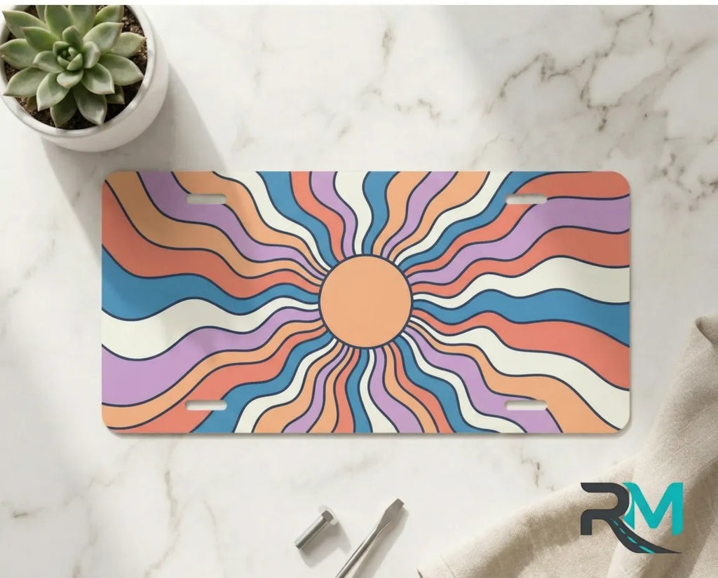 retro boho vanity plate on marble surface — warm peach mauve decorative license plate