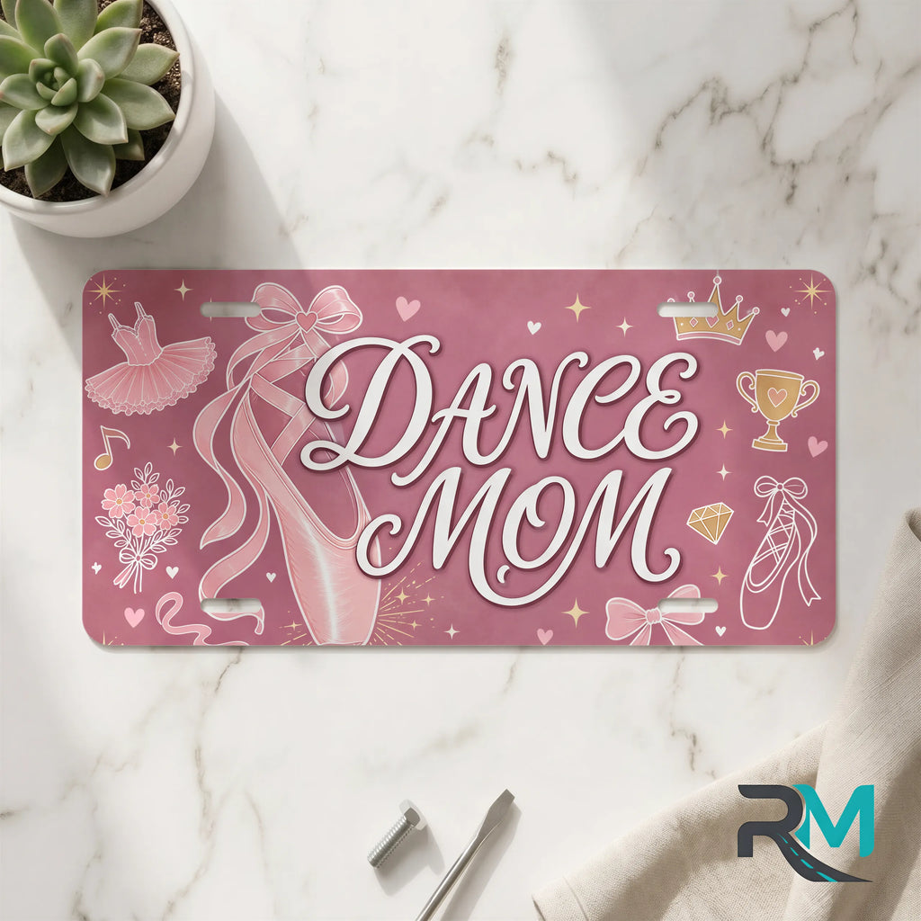 dance mom vanity plate on marble surface — soft rose ballet slipper decorative license plate