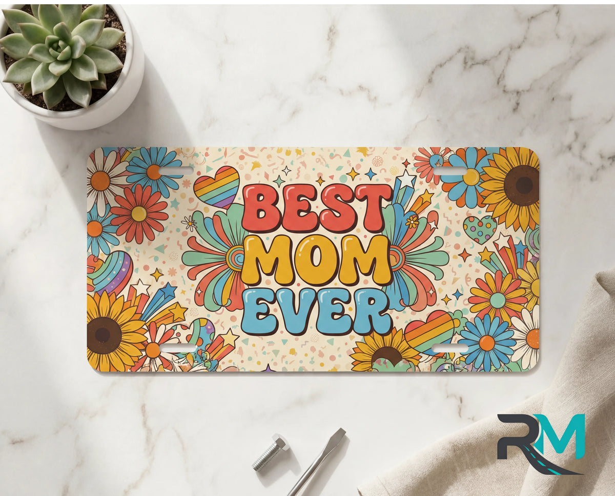 Best Mom Ever Floral Retro Rainbow Vanity Plate