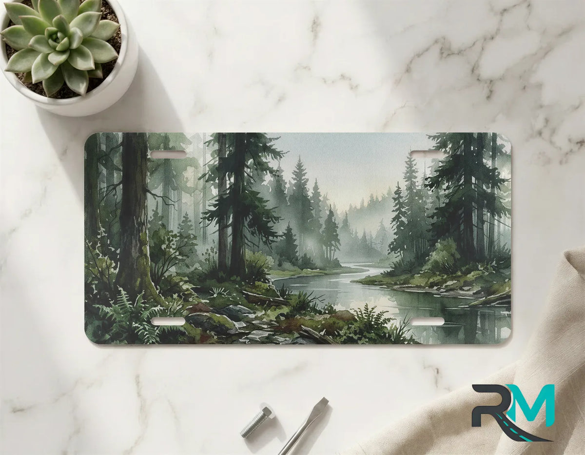 forest river vanity plate on marble surface — sage green foggy blue decorative license plate