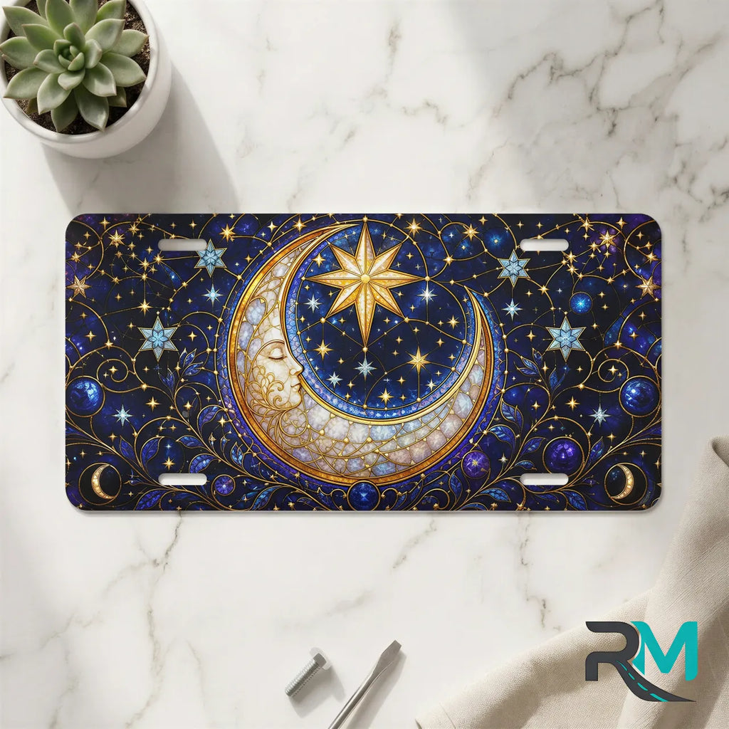 moon star vanity plate on marble surface — deep indigo crescent moon gold stars decorative plate
