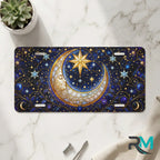 moon star vanity plate on marble surface — deep indigo crescent moon gold stars decorative plate