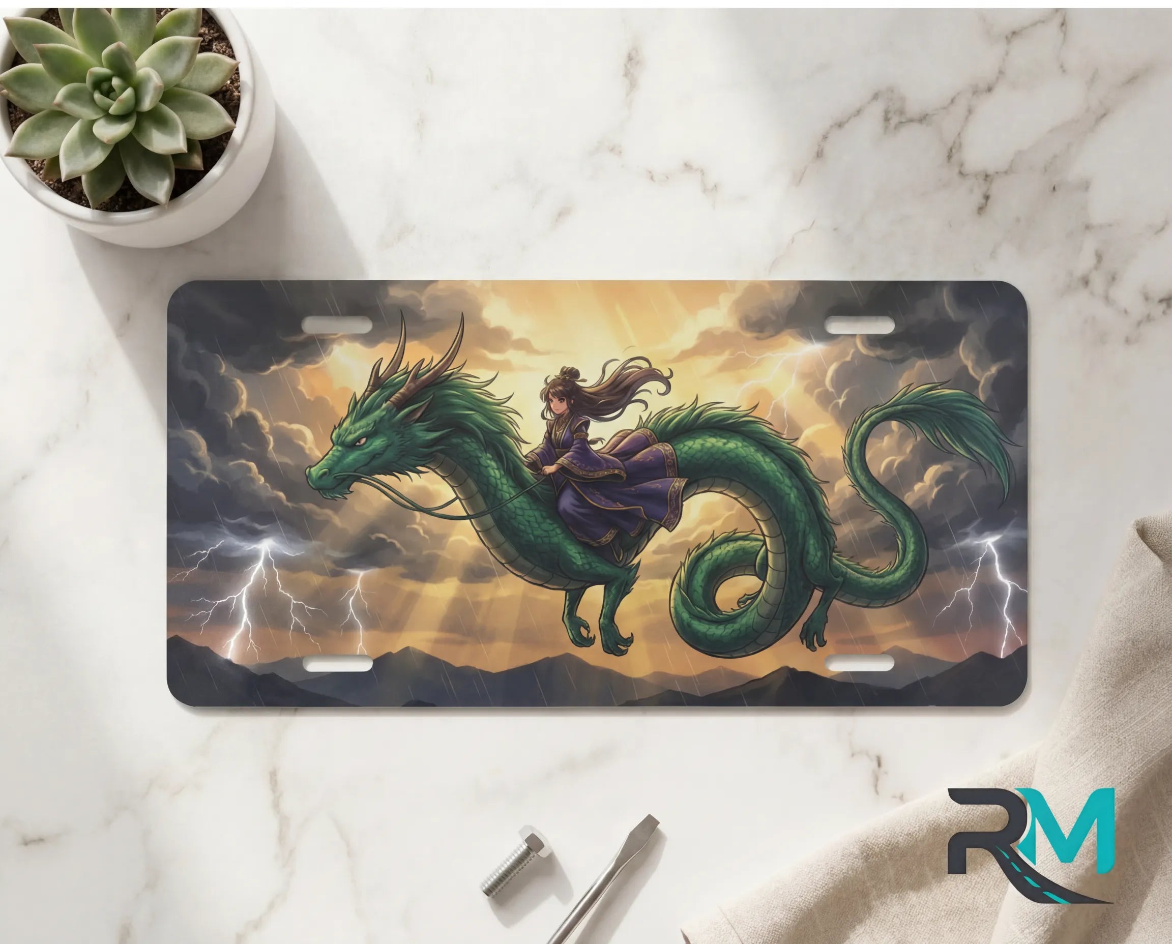 emerald dragon rider vanity plate on marble surface — rich emerald green dragon decorative plate