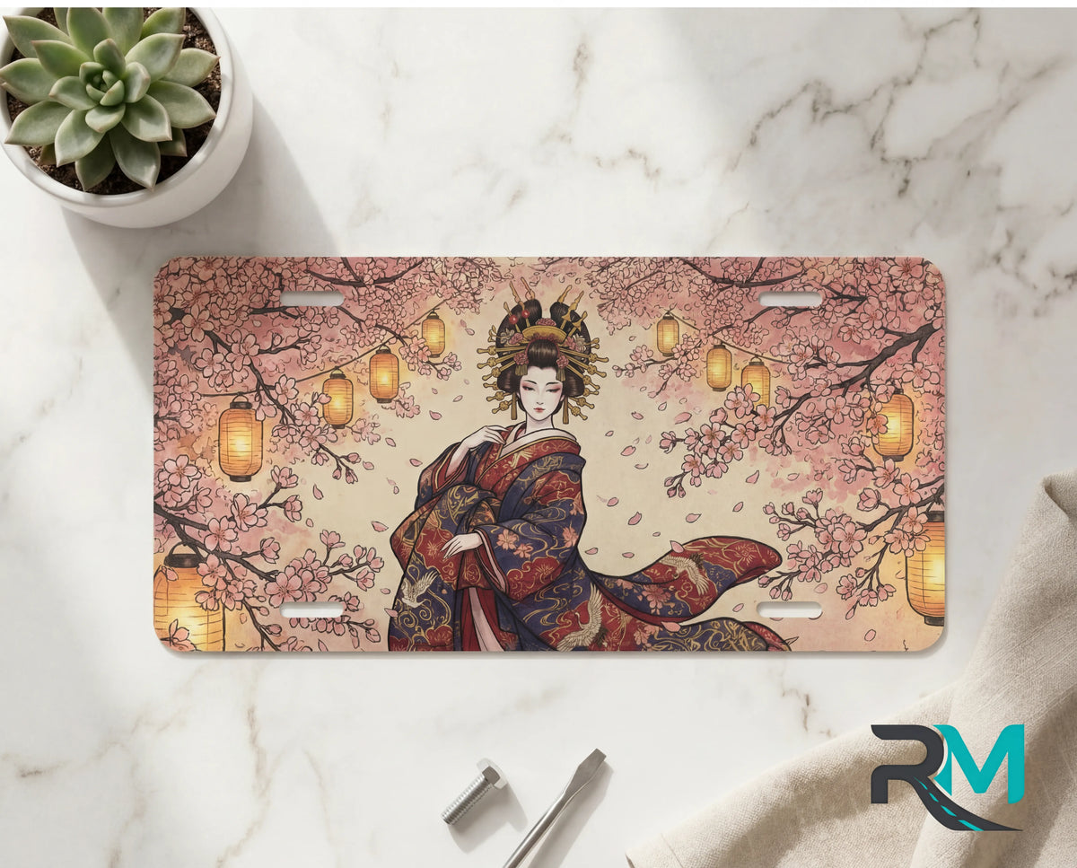 geisha sakura lanterns vanity plate on marble surface — soft pink kimono cherry blossom lanterns decorative plate