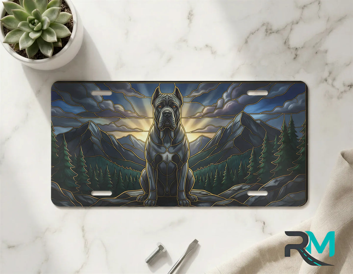 mountain mastiff vanity plate on marble surface — warm amber sunrise guardian dog decorative plate