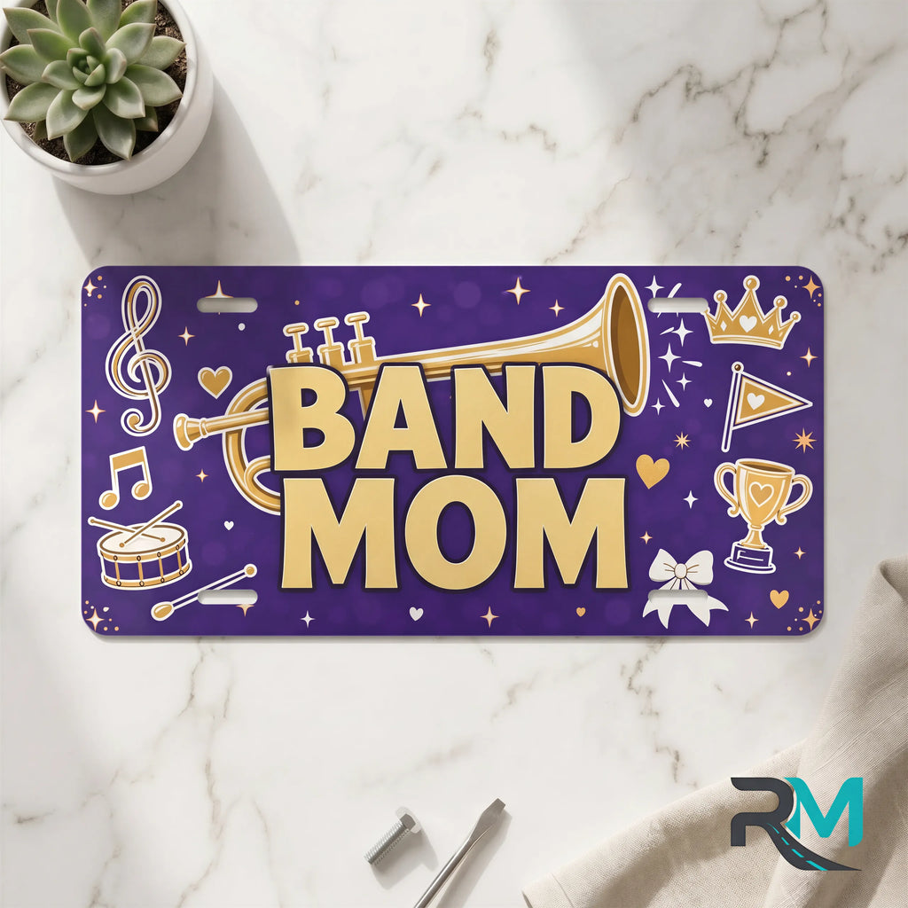 band mom vanity plate on marble surface — musical notes decorative marching band plate