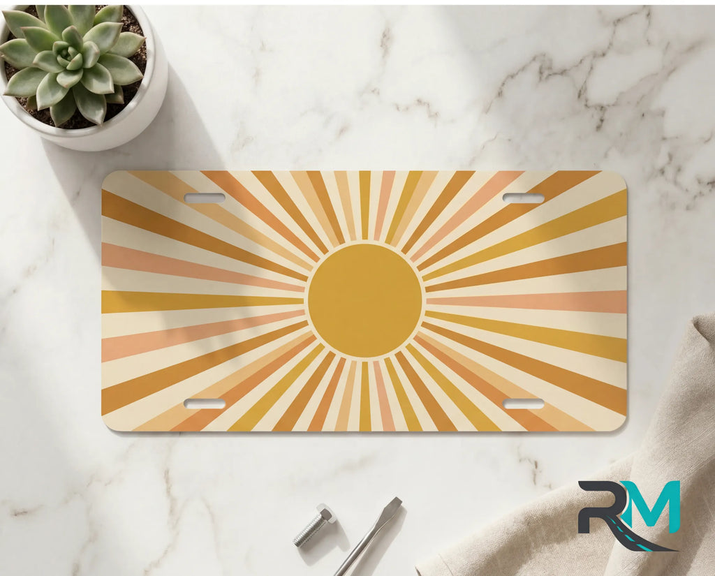 retro sunburst yellow vanity plate on marble surface — muted mustard peach decorative plate