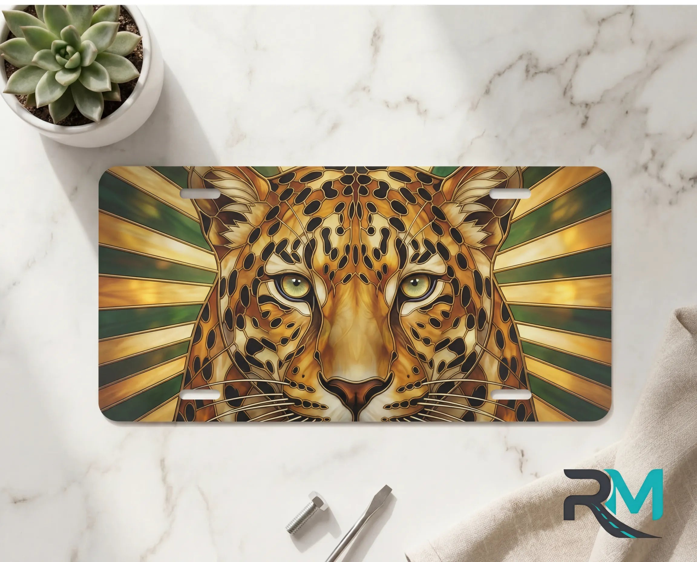 leopard face vanity plate on marble surface — golden ochre green amber decorative wildcat plate