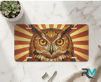 owl illustration vanity plate on marble surface — warm amber gold decorative wildlife plate