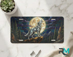 howling wolf moon vanity plate on marble surface — midnight jewel-tone decorative wolf plate