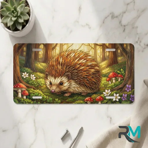 woodland hedgehog vanity plate on marble surface — golden green hedgehog mushroom decorative plate
