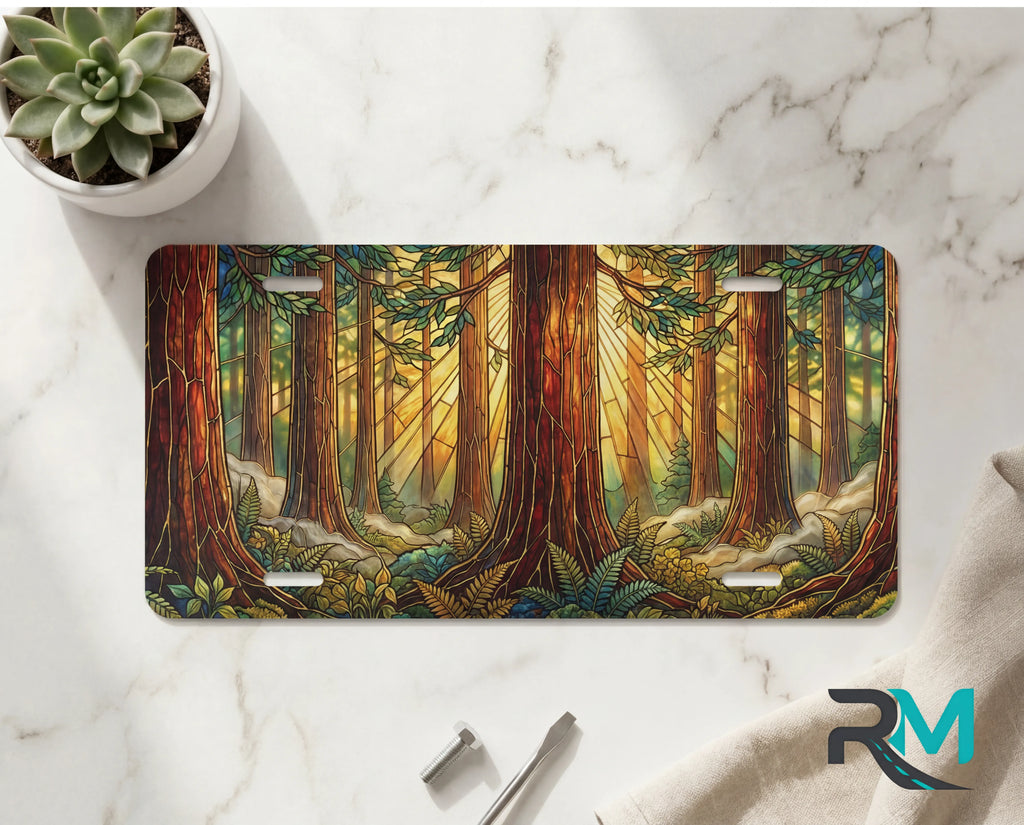 redwood forest vanity plate on marble surface — warm amber golden light redwood trunks decorative plate