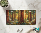 redwood forest vanity plate on marble surface — warm amber golden light redwood trunks decorative plate
