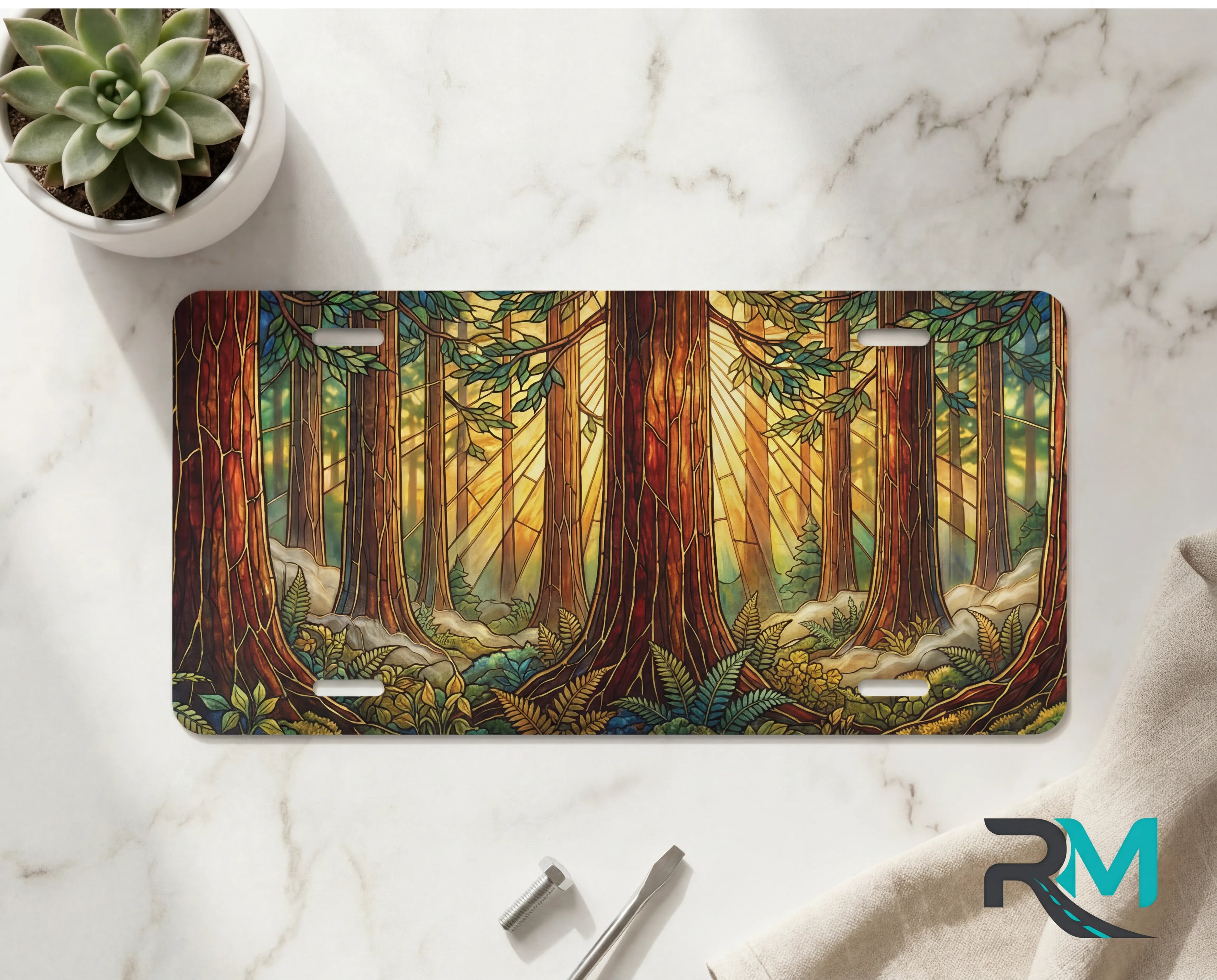 redwood forest vanity plate on marble surface — warm amber golden light redwood trunks decorative plate
